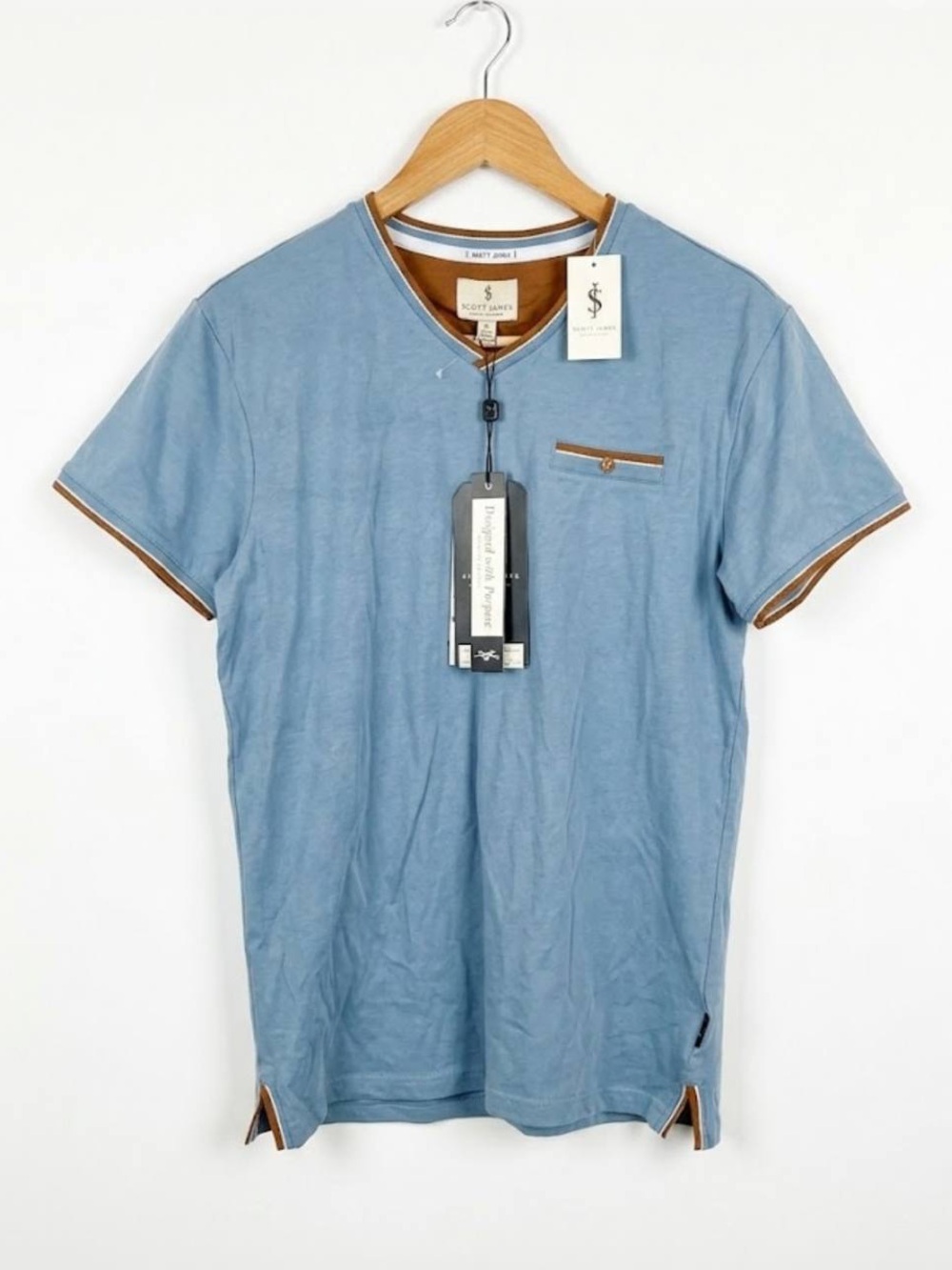 Men's V-Neck Pocket Tee in Slate Blue with Brown Trim